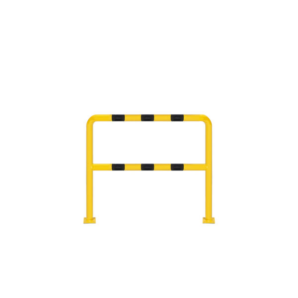 Barierka techniczna stalowa 1200x1100 mm – malowana proszkowo na żółto z czarnymi pasami odblaskowymi, montowana do podłoża