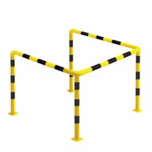 Odbojnica stalowa typu U 1000x1000 mm – malowana proszkowo na żółto z czarnymi pasami, przykręcana do podłoża