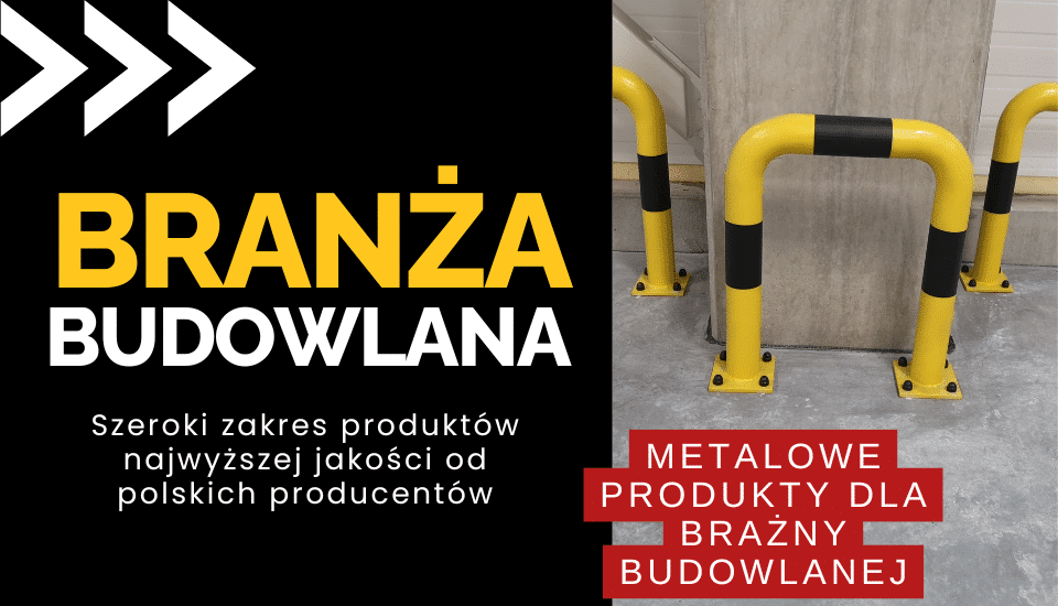 Odbojnice stalowe malowane na żółto z pasami ostrzegawczymi — metalowe produkty dla branży budowlanej od polskiego producenta