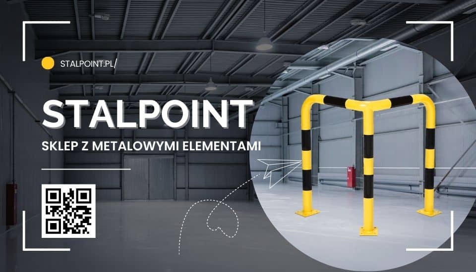 Grafika promująca sklep Stalpoint z metalowymi elementami dla branży budowlanej – wizualizacja odbojnicy narożnej w hali