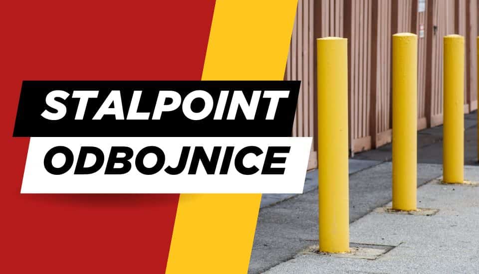 Baner reklamowy Stalpoint z napisem „Odbojnice” – wizualizacja odbojnic słupowych zewnętrznych montowanych przy hali